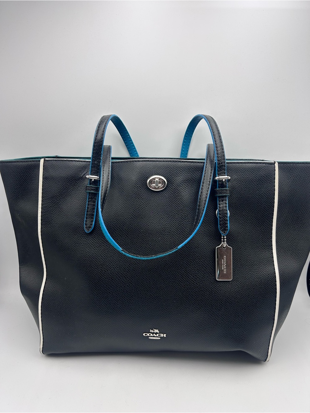 Coach Black Pebbled Leather Tote with Blue Trim and White Piping